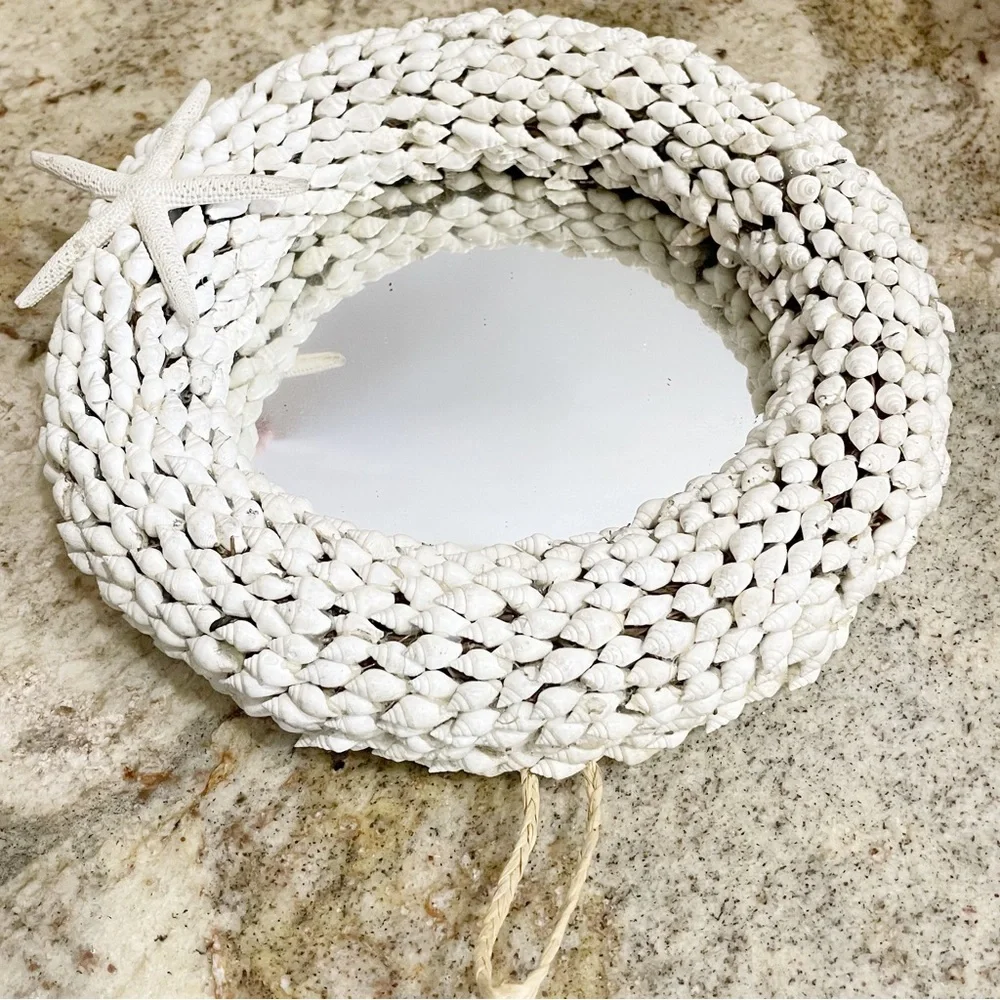 Ivory Coastal Inspired Seashell Starfish Hand Crafted Round Wall Mirror